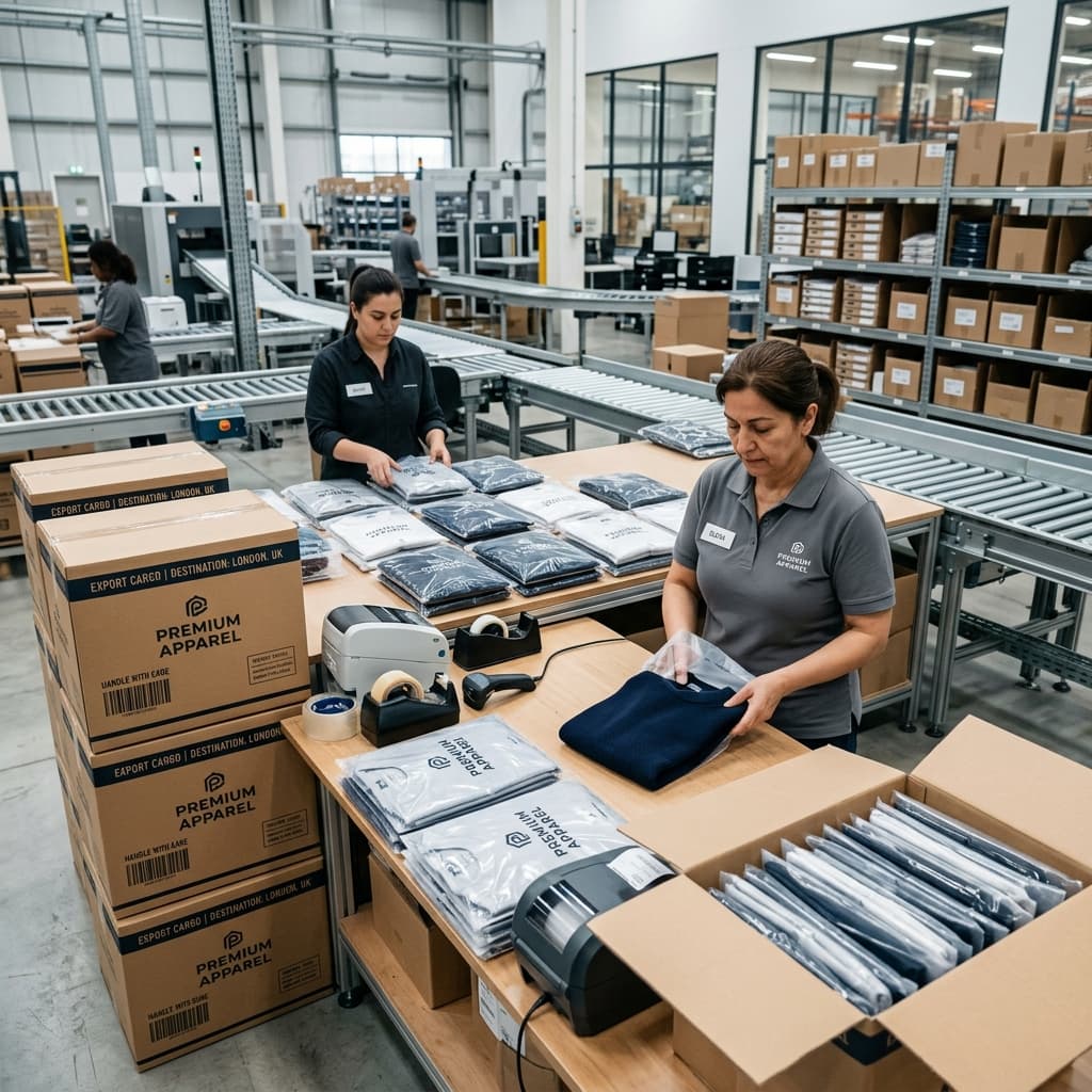 Apparel production stage 10: Packing - Cartons marked, counted and staged