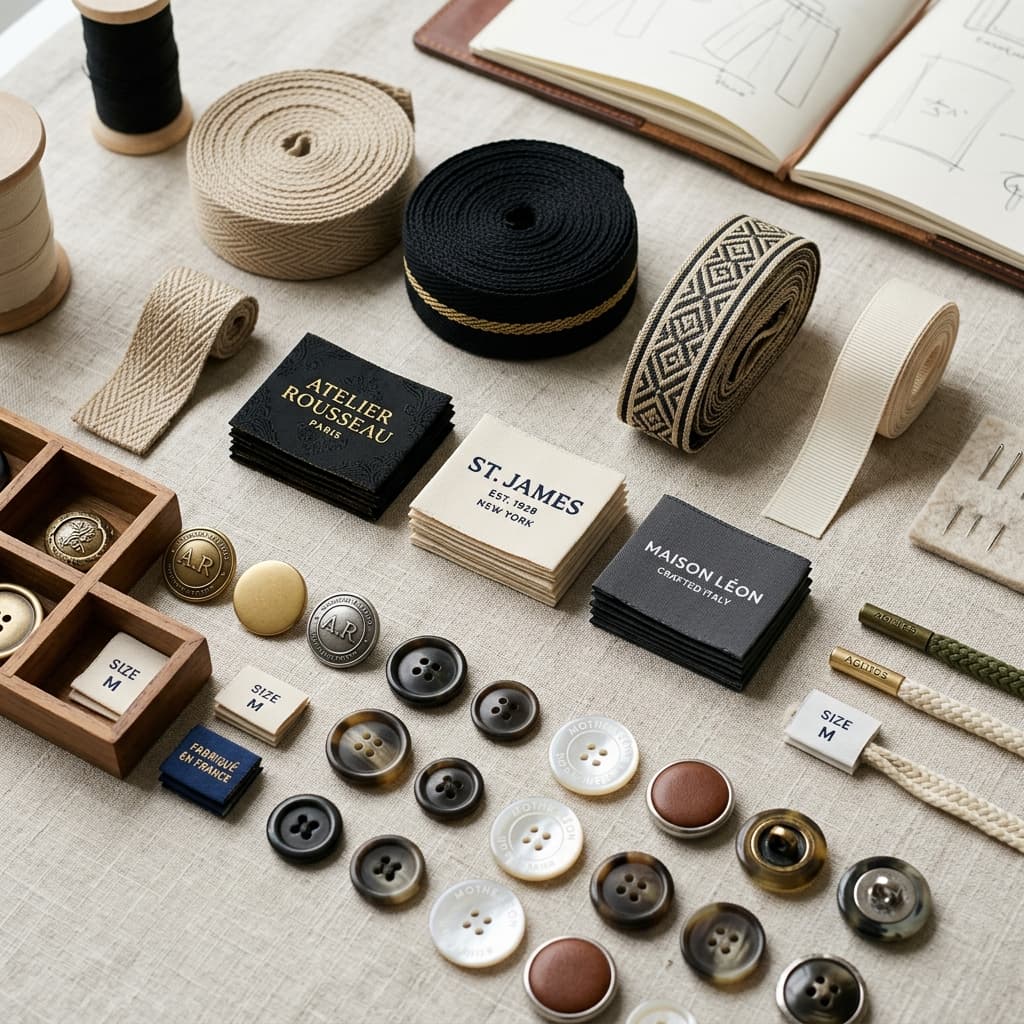 Apparel production stage 08: Trims and labels - Buttons, labels and accessories